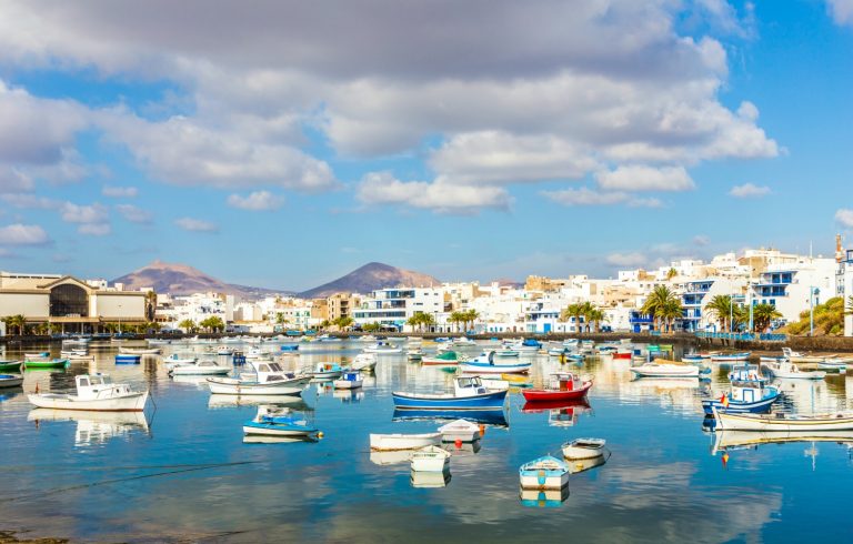View of the waterfront at Charco de San Gines, with boats in Arrecife, Lanzarote