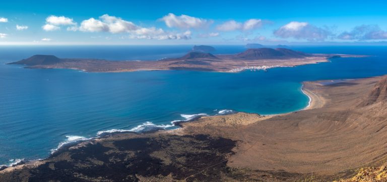 View of La Graciosa in the lesser canaries from the Mirador del Rio in Lanzarote