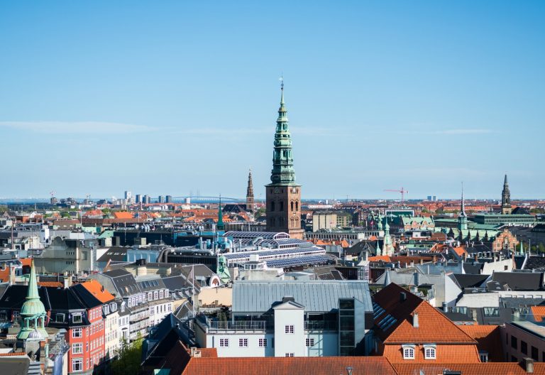 View of the Copenhagen skyline with spires and buildings against a blue sky - my visit to Copenhagen aquarium and Vikings at the National Museum