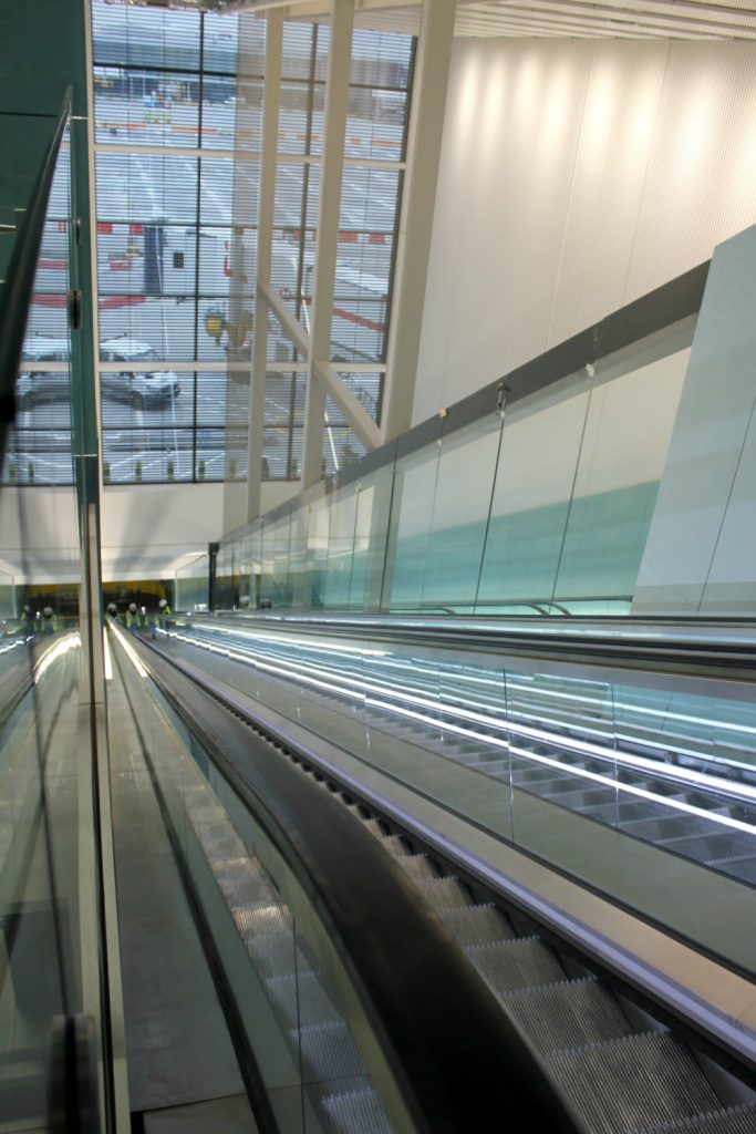 Looking down the escalators in Heathrow Terminal 2