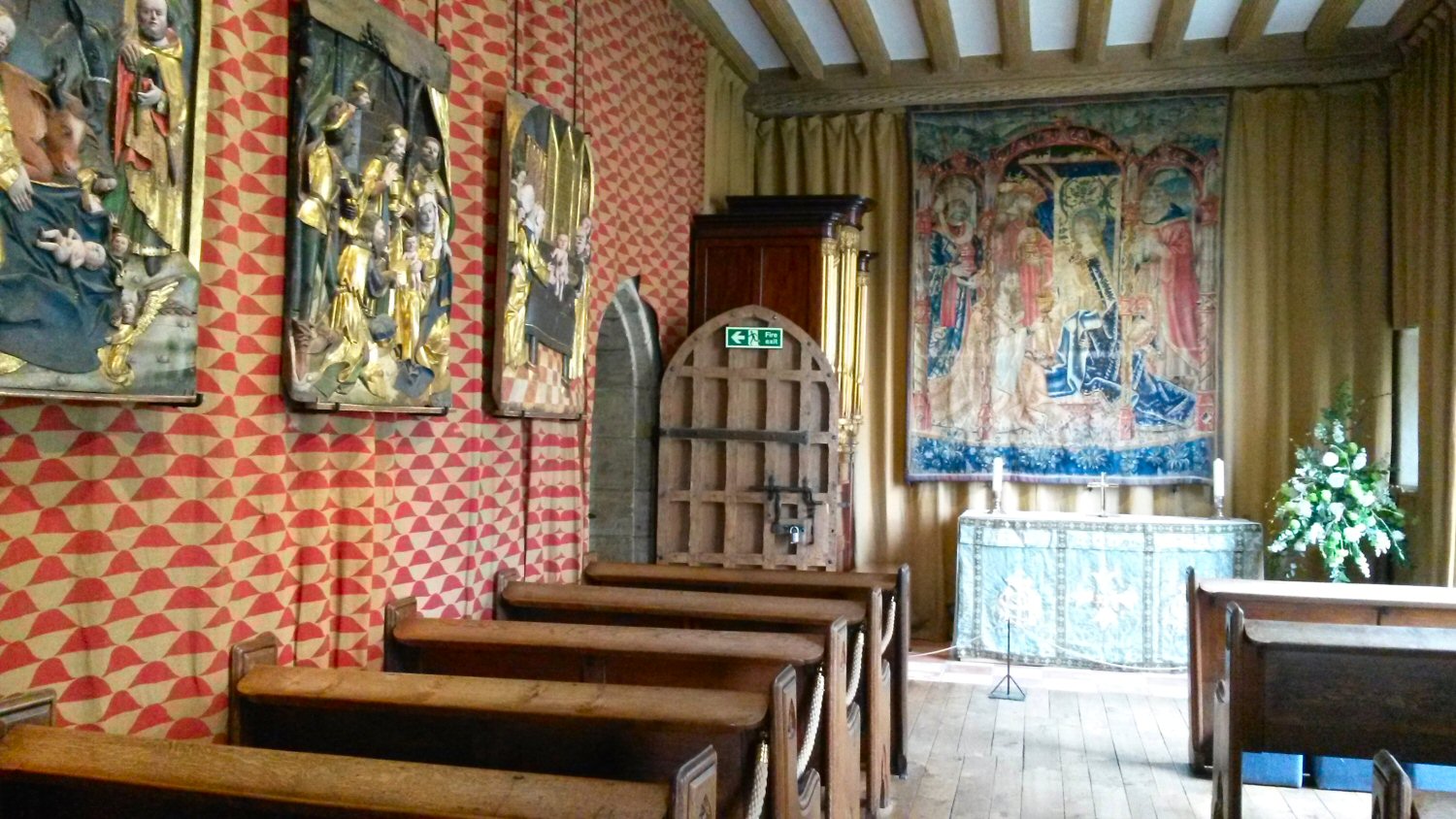 The chapel at Leeds Castle in Kent with its decorative wall hangings