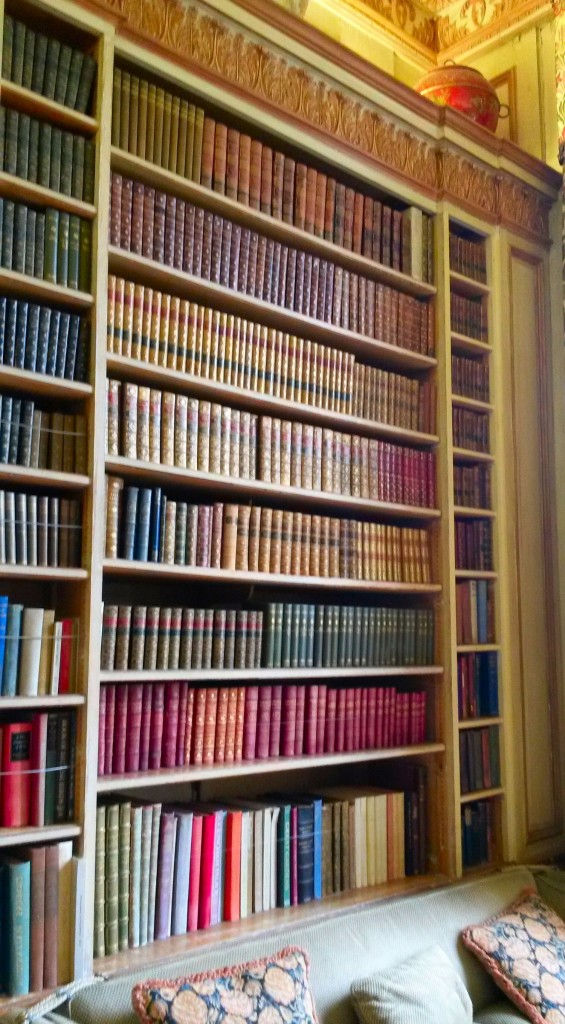 Shelves of books in the library - discovering Leeds castle facts and meeting the Leeds Castle peacocks in Kent