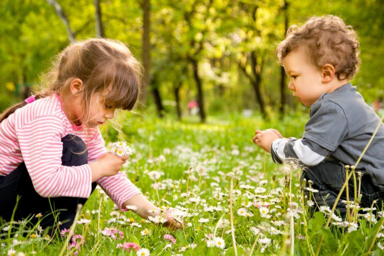 Girl and boy stooping to pick flowers in a field - embracing the nostalgia with good old-fashioned ideas for fun in the National Trust 50 things to do before you're 11 /34 list