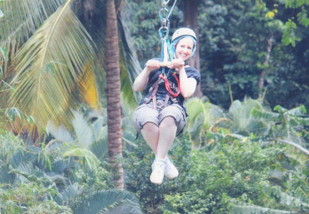 Me on a zipline in St Lucia - testing out the zip wires at Babonneau, St Lucia