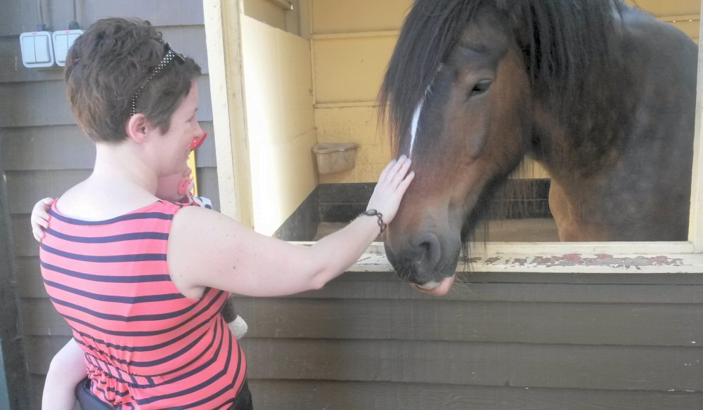 Woman holding a toddler and stroking the nose of a horse at the Rare Breeds Centre Kent
