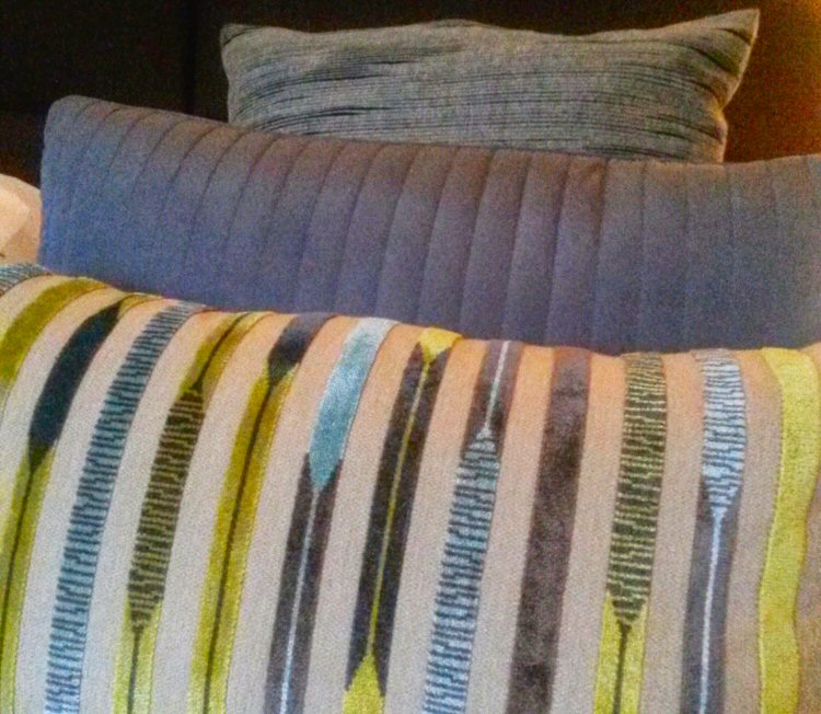 Striped velvety cushions in our room at Satis House Hotel, Yoxford