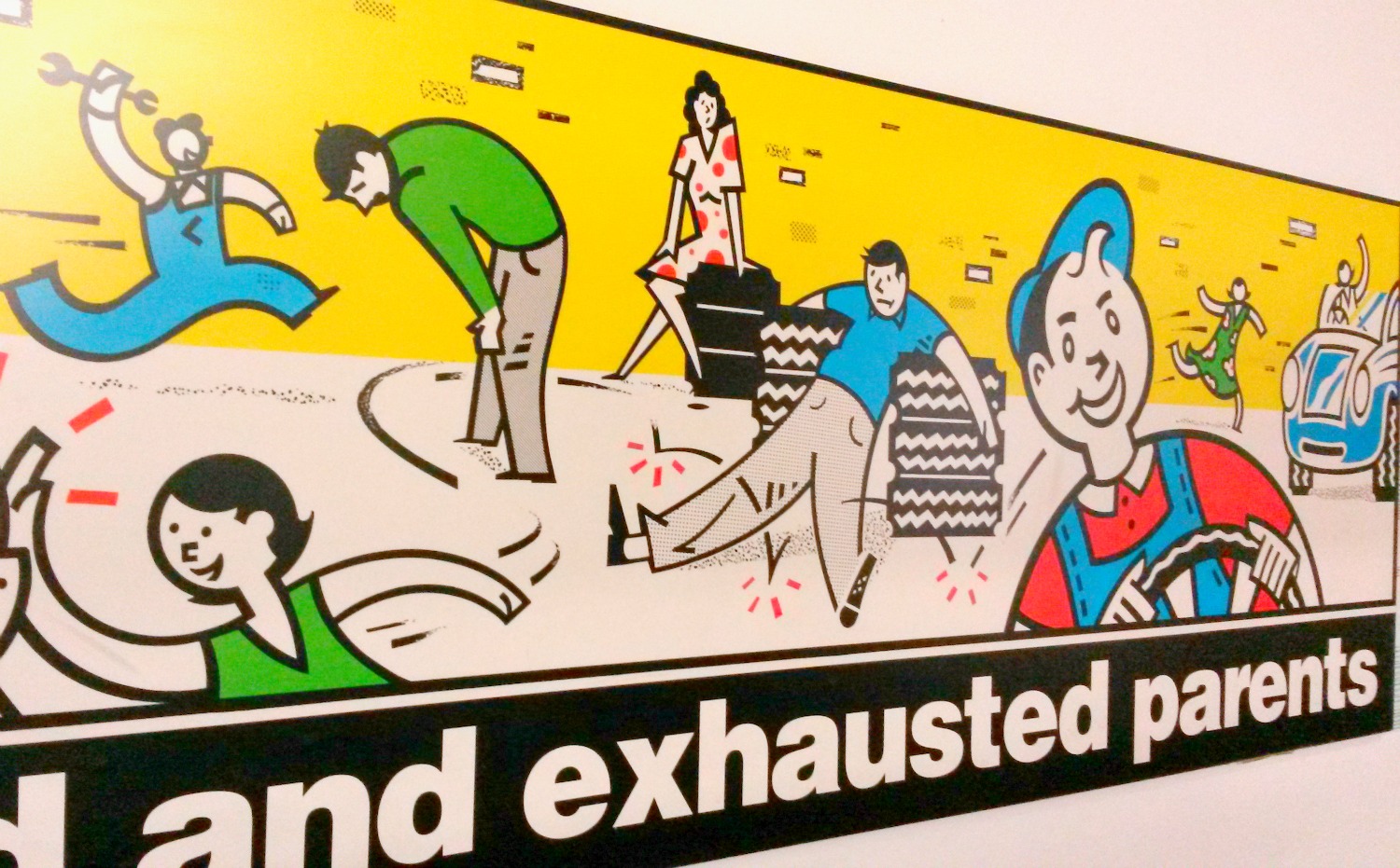 Cartoon display showing exhausted parents and energetic kids at Eureka National Children's Museum