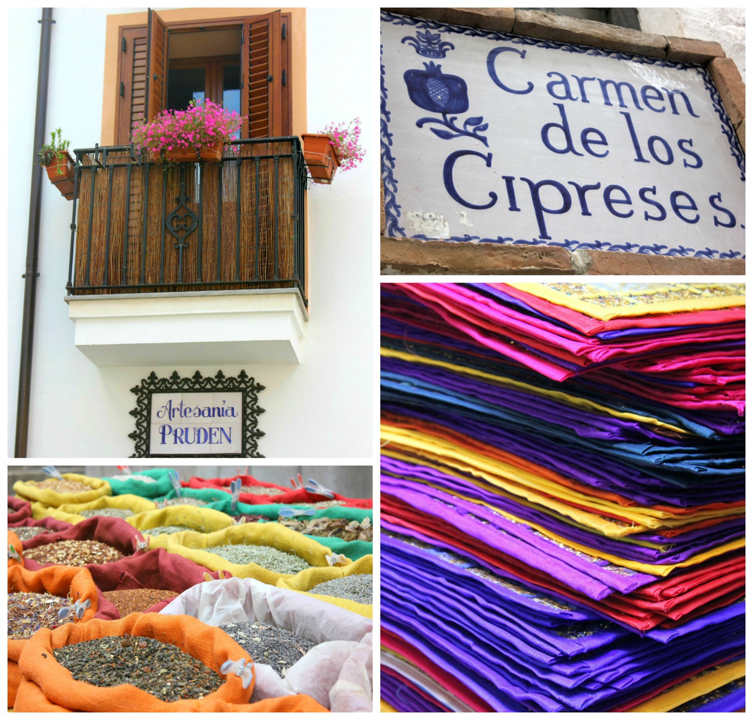 Collage de escenas coloridas de Granada, desde puestos de mercado hasta flores en los balcones: mi guía para una escapada a la ciudad de Granada, desde consejos hasta cosas que hacer