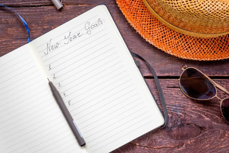 Blank notebook open with pen reading New Year goals plus sun hat and sunglasses - my 2015 travel plans and travel resolutions for New Year