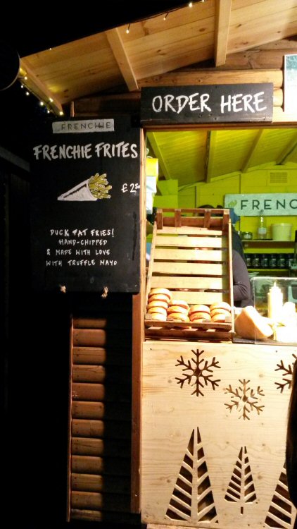 The Frenchie stall with posh burgers and chips at the Christmas market on the South Bank in London