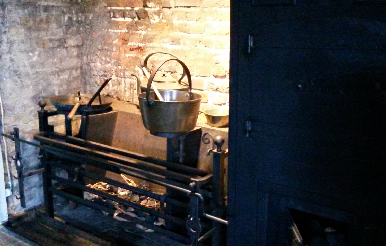 Kitchen paraphernalia on the huge open grate under the chimney at Ham House in Surrey - my visit with a toddler