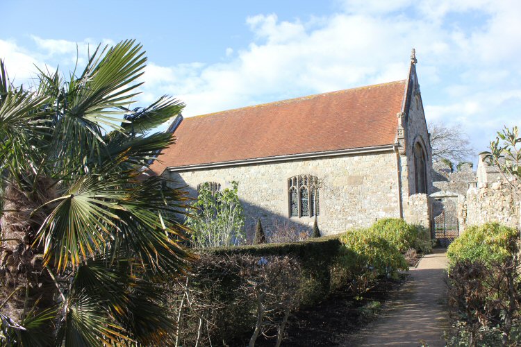 Garden and exterior of the church in Carisbrooke Castle on the Isle of Wight