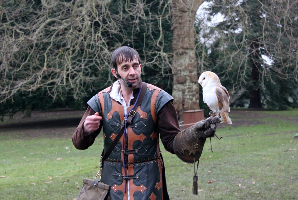 Falconer holding snowy owl in the birds of prey show - visiting Warwick castle with a toddler