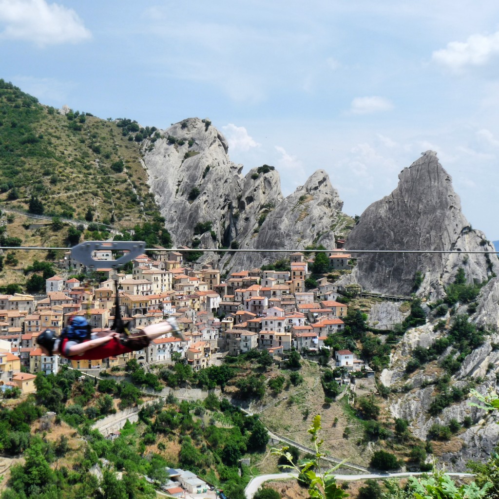 Me zipwiring across a mountain valley in Basilicata, Italy