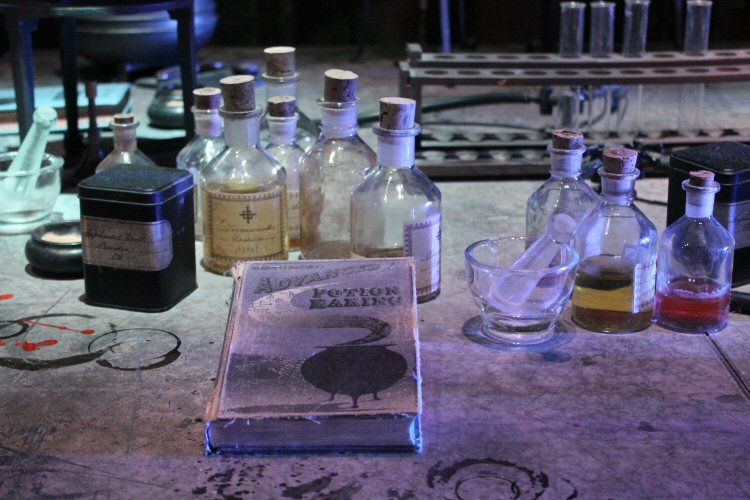 Potions bottles and book in Snape's potions lab at Hogwarts on the Warner Bros studio tour