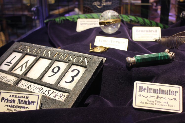 Props on display including the deluminator at the Warner Bros Studio Tour in Leavesden