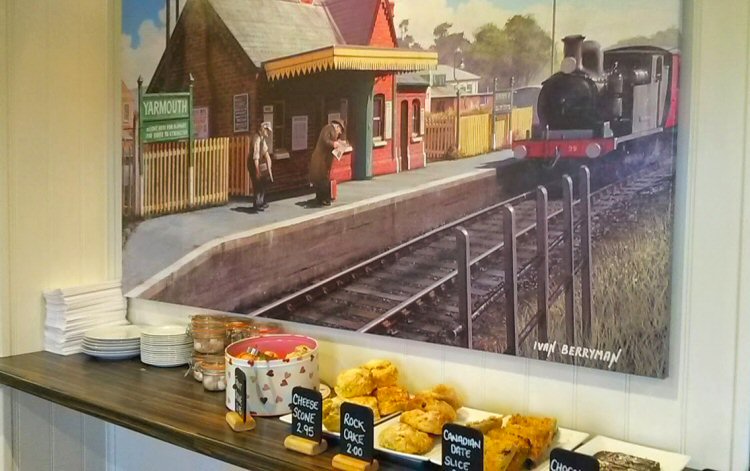 Cake on display at Off The Rails - where to eat on the Isle of Wight with kids