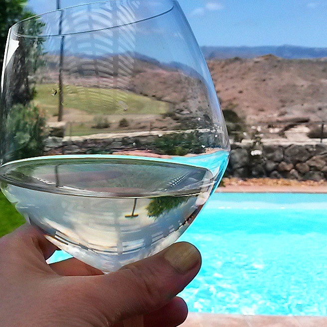 Hand holding a glass of wine in front of our villa's pool in Gran Canaria