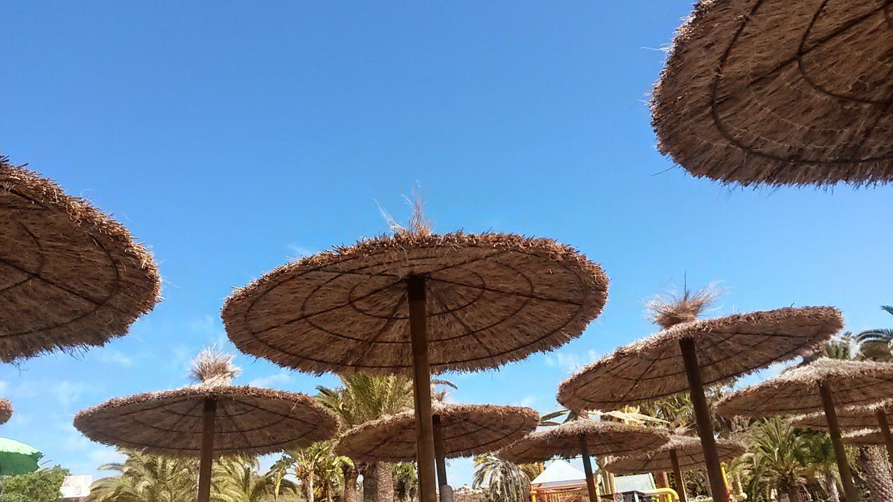 Palm umbrellas against a blue sky at Aqualand Gran Canaria - my review of a day at the water park in Maspalomas with kids