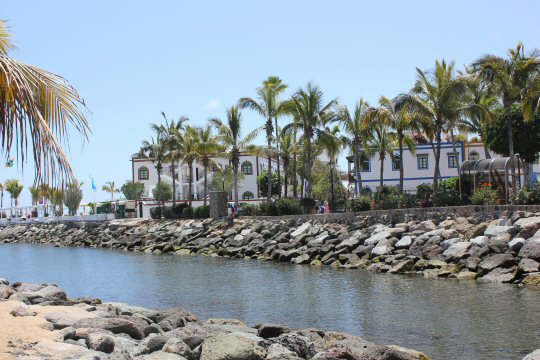 View of some of the white buildings and palm trees along the waterfront at Puerto de Mogan in Gran Canaria