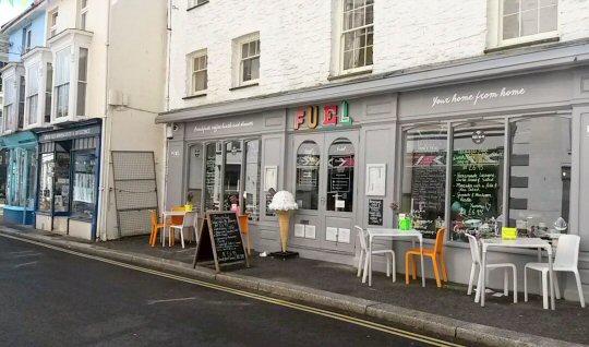 Shops and cafes along Falmouth's main street