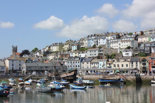 View of the harbour at Brixham in Devon including the Golden Hind replica Tudor galleon during out weekend in Brixham