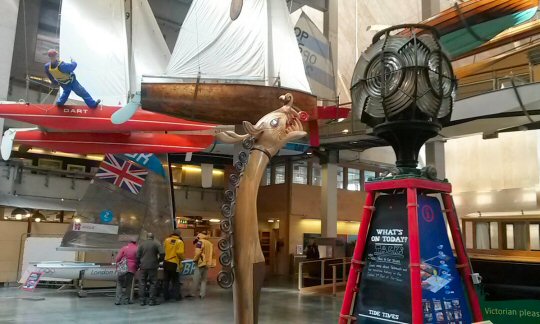 Gallery of boats and Viking dragon figurehead at the National maritime museum Cornwall