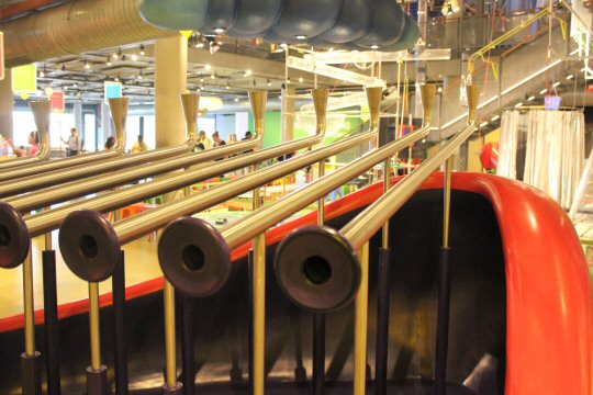 Series of trumpets as part of a sound exhibit at Nemo Science Museum in Amsterdam