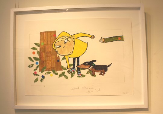 Illustration of Lola from the Charlie and Lola books in a yellow coat picking up leaves