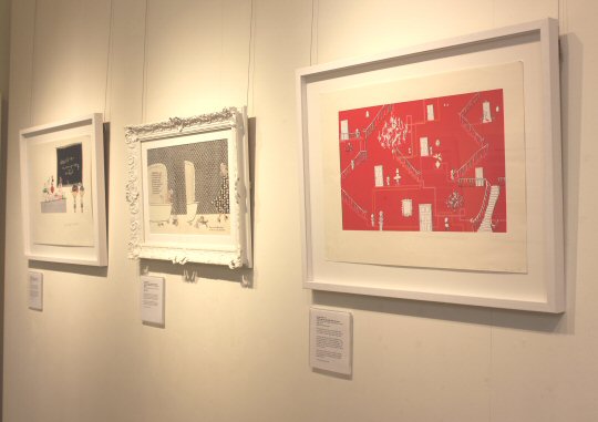Framed illustrations from Lauren Child's books at the exhibition at Mottisfont