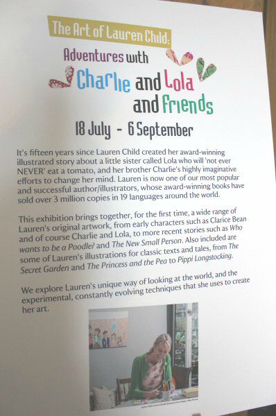 Close up of the sign about the Charlie and Lola and friends exhibition at Mottisfont