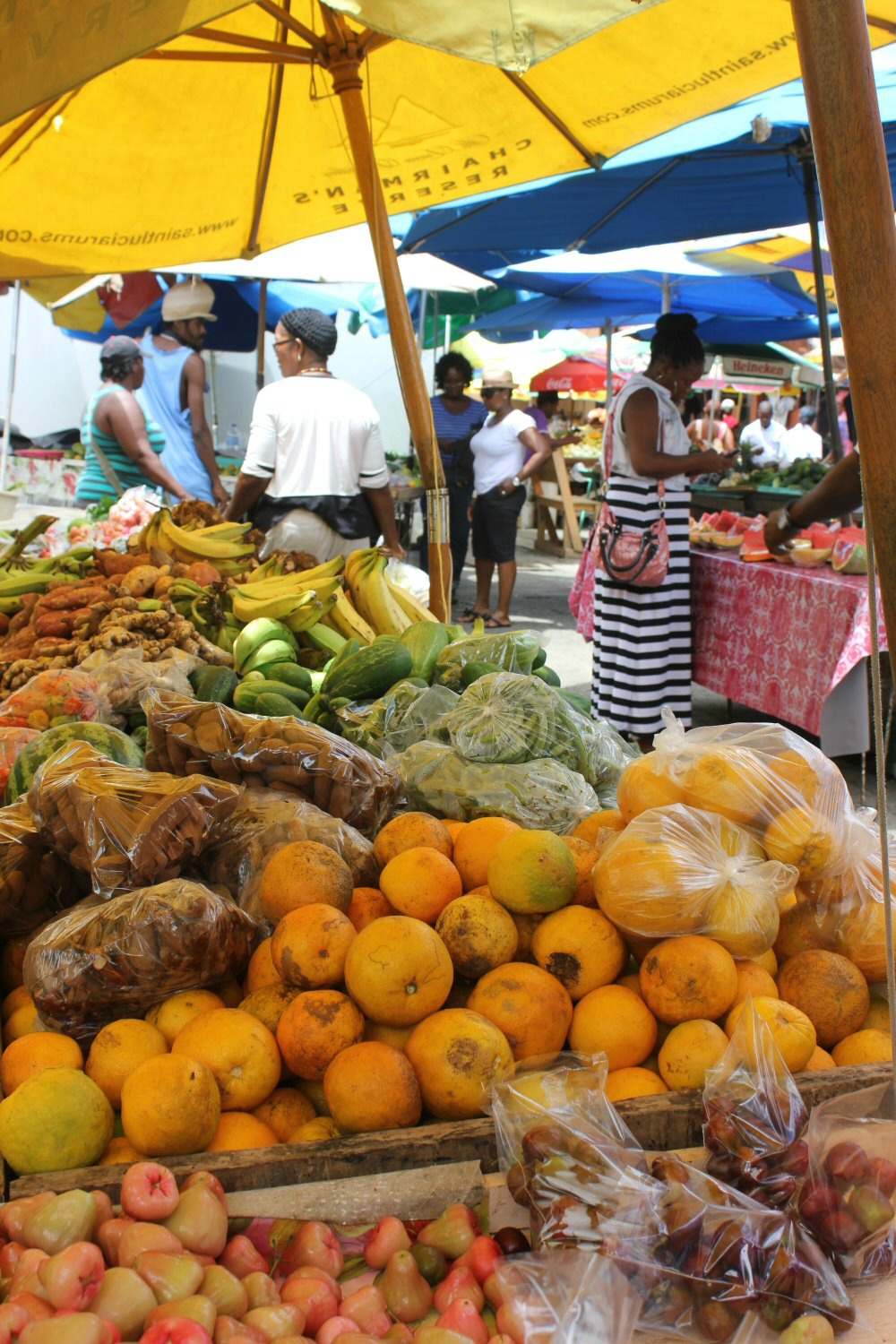 Fruit piled on the stalls at Castries Market -discovering the history of chocolate in St Lucia and how to make it