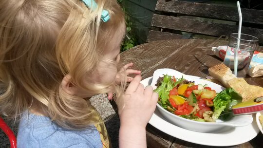 My daughter eats her lunch at the Sevenstones pub on St Martin's in the Isles of Scilly