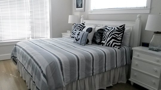 Nautical bedlinen in one of the bedrooms of our holiday home, Anna Maria Island - Serenity Beach
