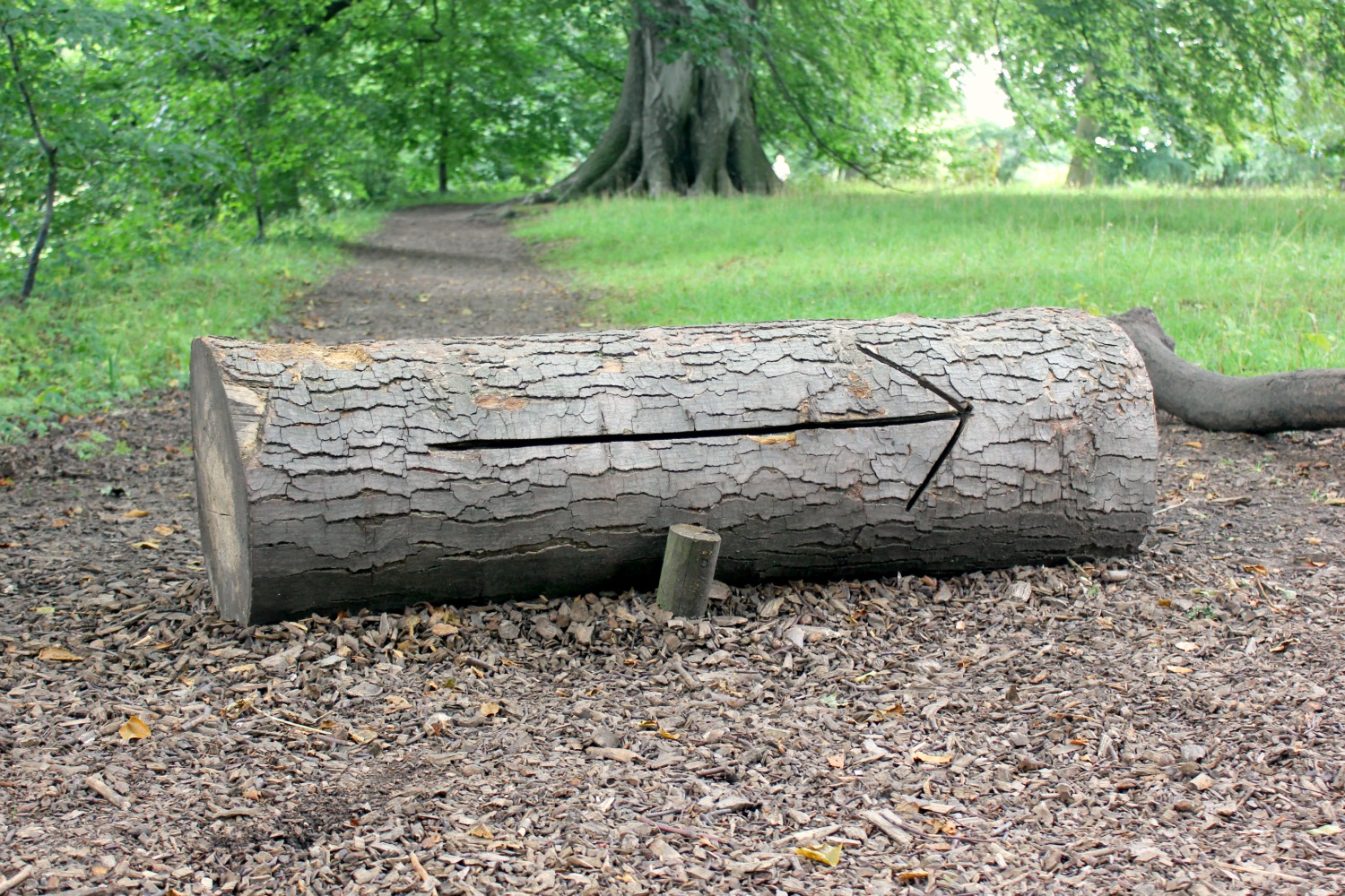 Wooden log with an arrow pointing the direction of the walk in the grounds at Nostell Priory, during our weekend in Yorkshire