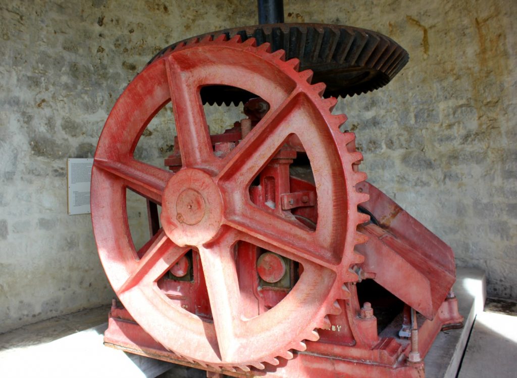 Red wheel, part of machinery in the windmill at Betty's Hope, Antigua