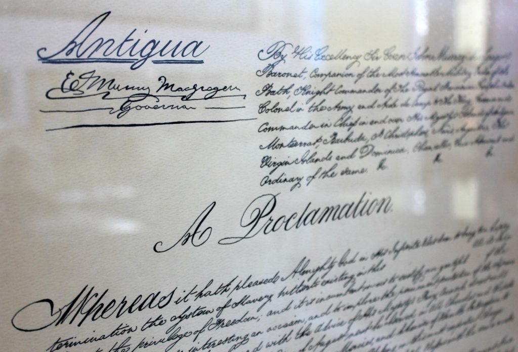 Proclamation of the abolition of slavery in the exhibits looking at Antigua's slave history in the museum in St John's