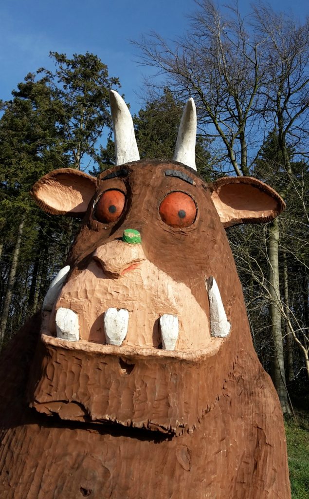Head of the Gruffalo statue at Wendover Woods in Buckinghamshire complete with poisonous wart on the end of its nose