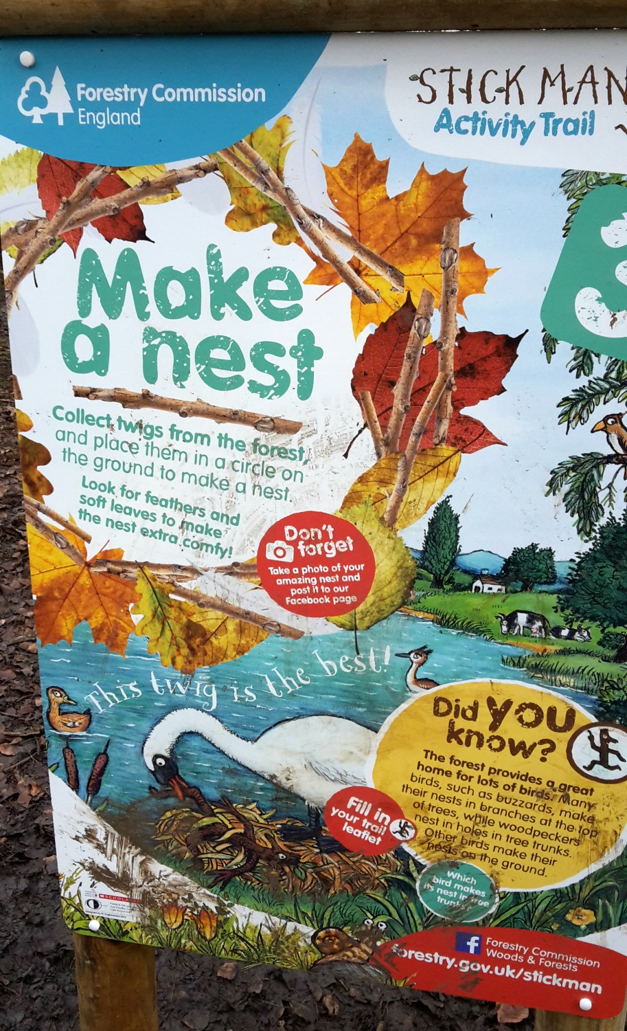 Sign on the Stick Man trail with one activity to make a nest, part of the trail at Wendover Woods in Buckinghamshire