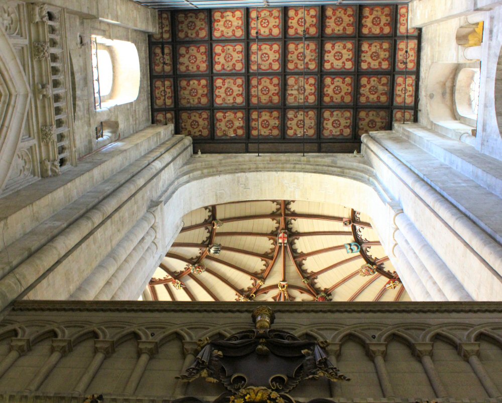 Looking up to the ceiling detail and higher level of Winchester cathedral