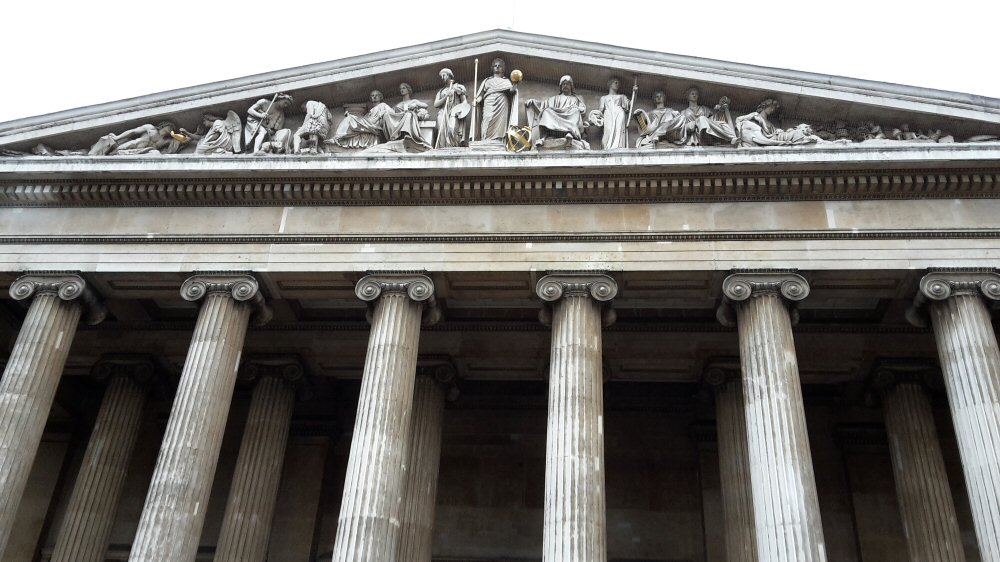 The pillars and carvings on the main entrance to the British museum, where we followed the British Museum activity trail - visiting the British museum with kids