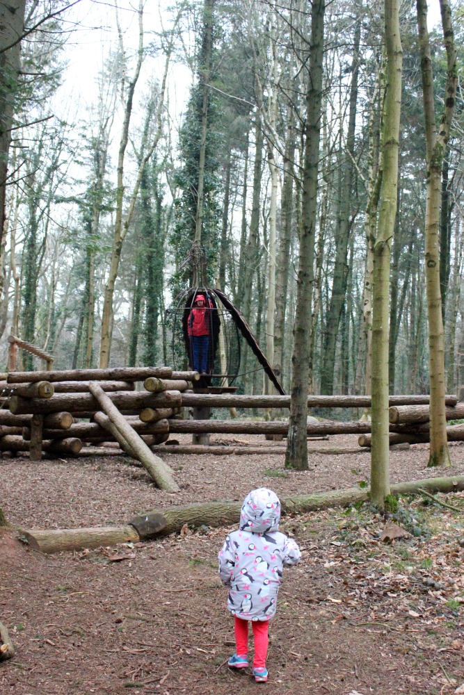 Part of the Tyntesfield play area - my daughter looks at the logs making up the natural adventure playground
