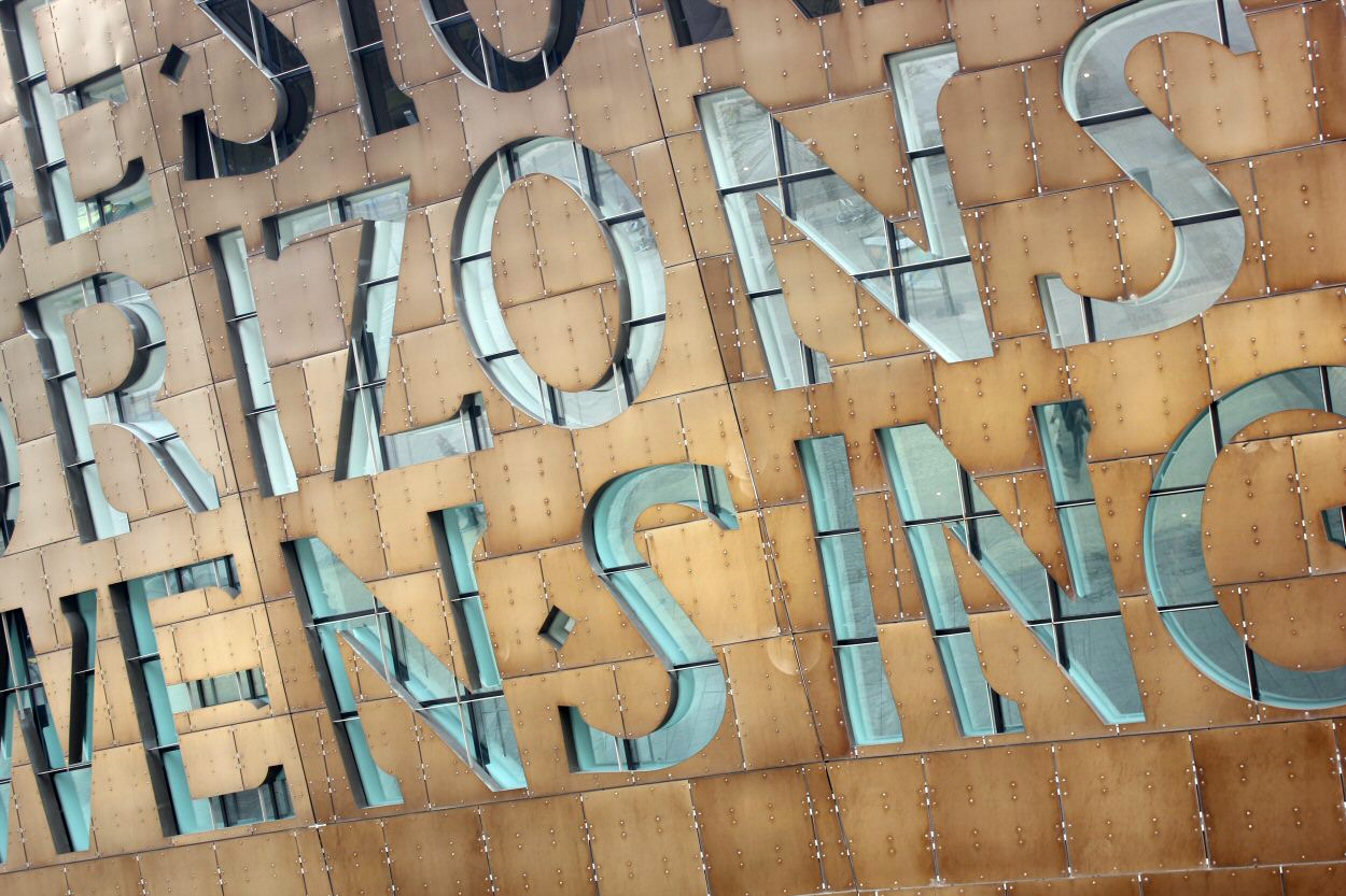 Engraved words at the entrance to Cardiff Millennium Centre and National Assembly building