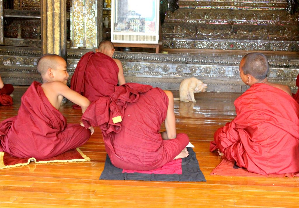 Novice monks in one of the many temples around Burma (Myanmar) share a joke between meditation. One of the many fascinating sights for anyone visiting the country, here's my family-friendly two week itinerary to Burma.