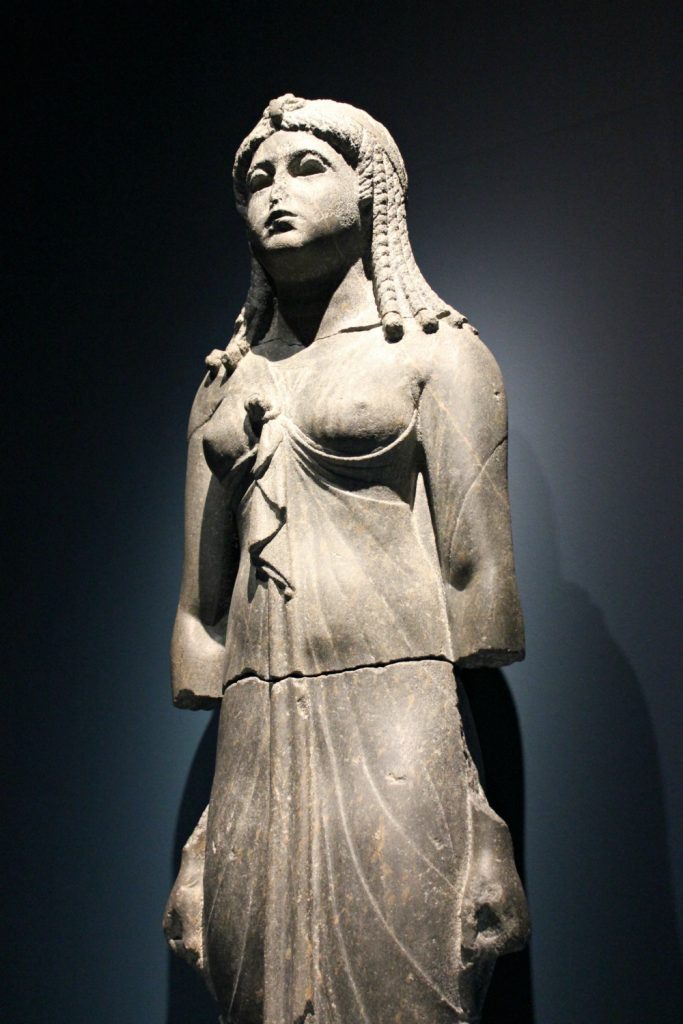 Statue of a woman at the Sunken Cities exhibition at the British Museum in London