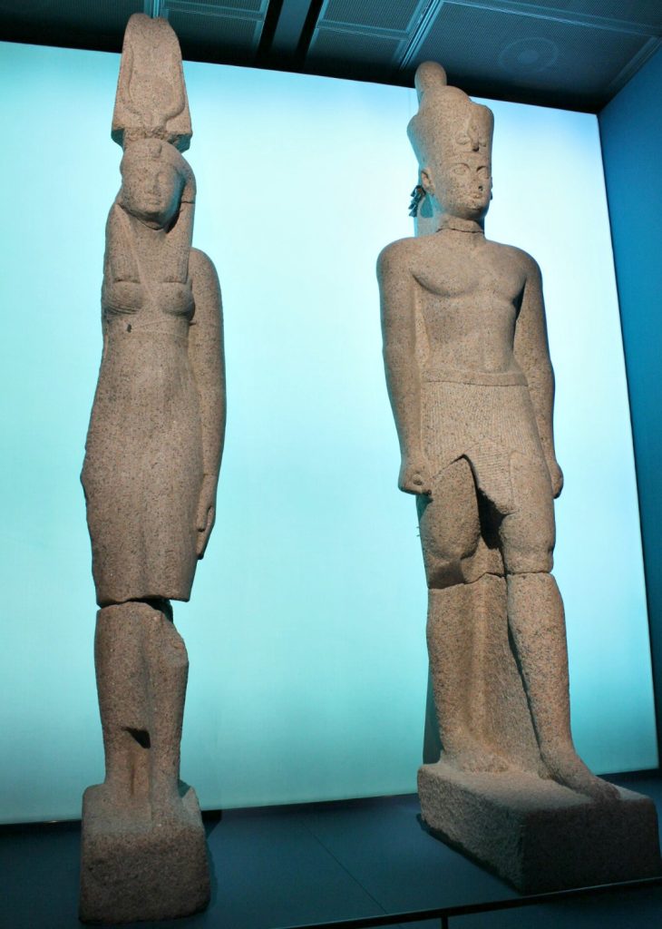 Two statues recovered from underwater at the Sunken Cities exhibition at the British Museum in London