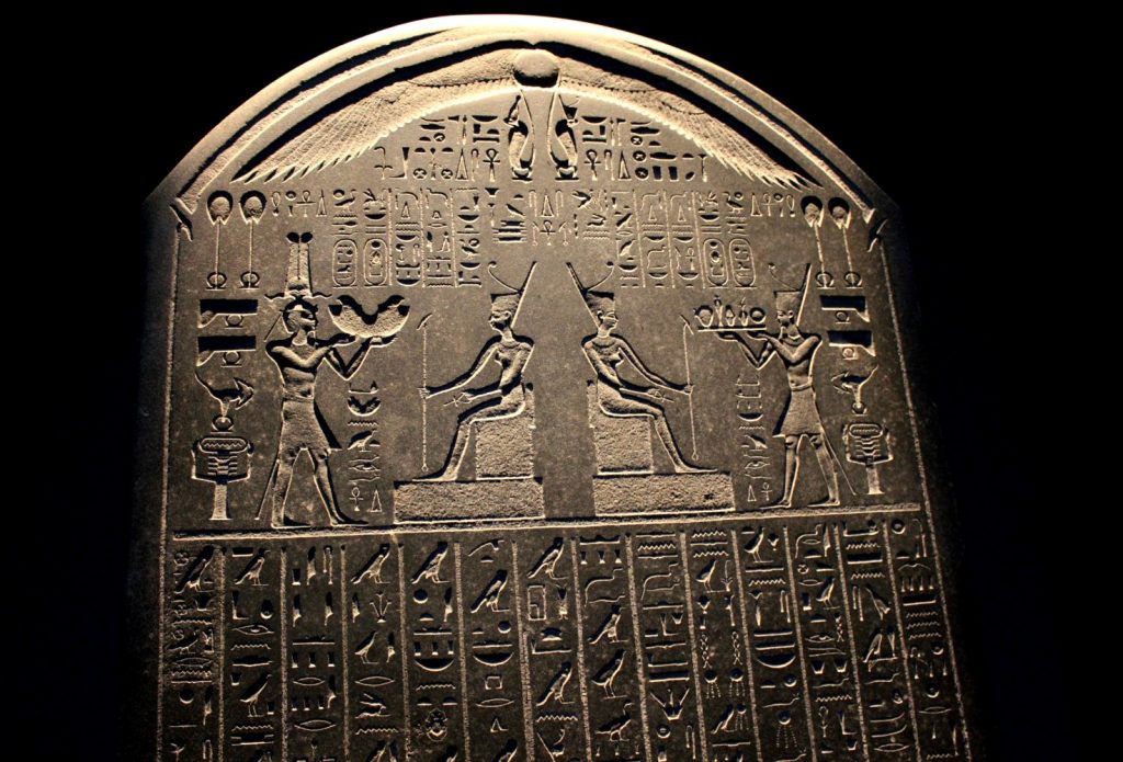 Stele with hieroglyphics at the Sunken Cities exhibition at the British Museum in London