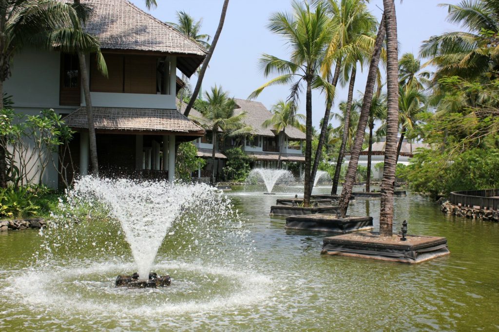 Fountains in the pools by the villas at Hilton Ngapali beach - our Burma beach holiday
