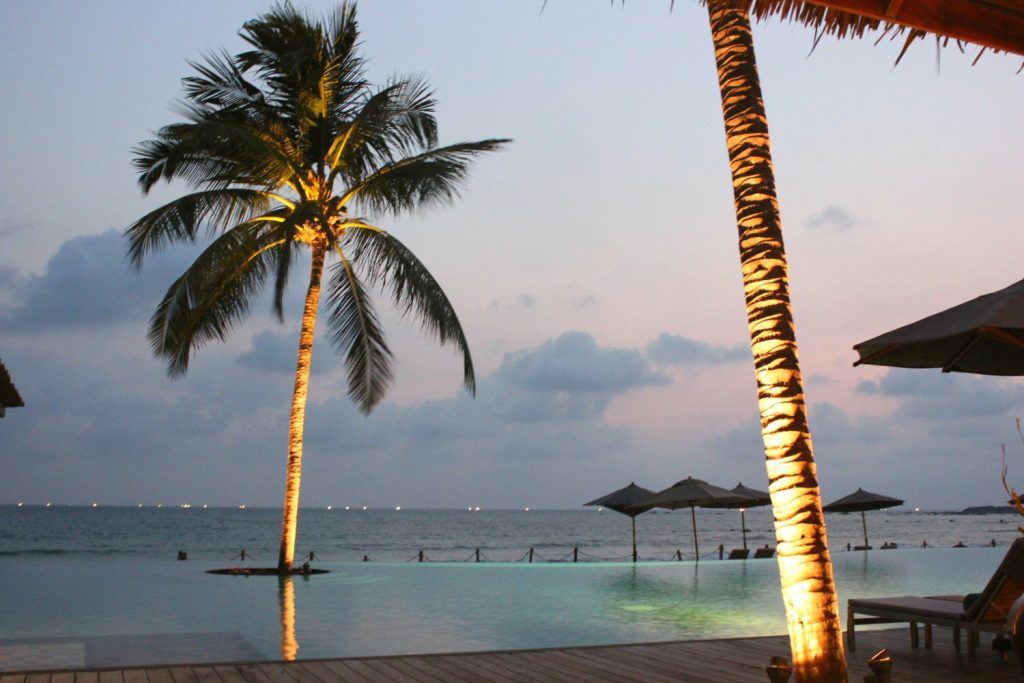 View across the infinity pool at Hilton Ngpali Beach, lit up at night, with palm trees against the sky - our Burma beach holiday
