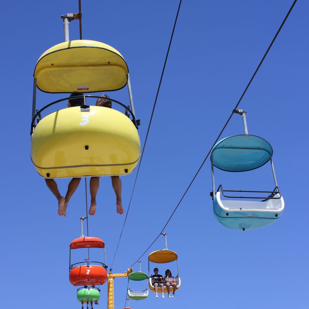 Brightly coloured gondola over the boardwalk in Santa Cruz - my Pacific Coast Highway pictures and reasons to visit California